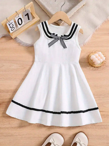 1pc Young Girls' Lovely Casual & Elegant Navy Style Sleeveless Dress With Flared Dress And Mandarin Collar, Suitable For Summer And Autumn