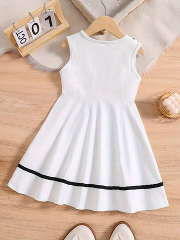 1pc Young Girls' Lovely Casual & Elegant Navy Style Sleeveless Dress With Flared Dress And Mandarin Collar, Suitable For Summer And Autumn