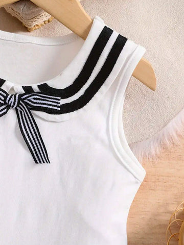 1pc Young Girls' Lovely Casual & Elegant Navy Style Sleeveless Dress With Flared Dress And Mandarin Collar, Suitable For Summer And Autumn