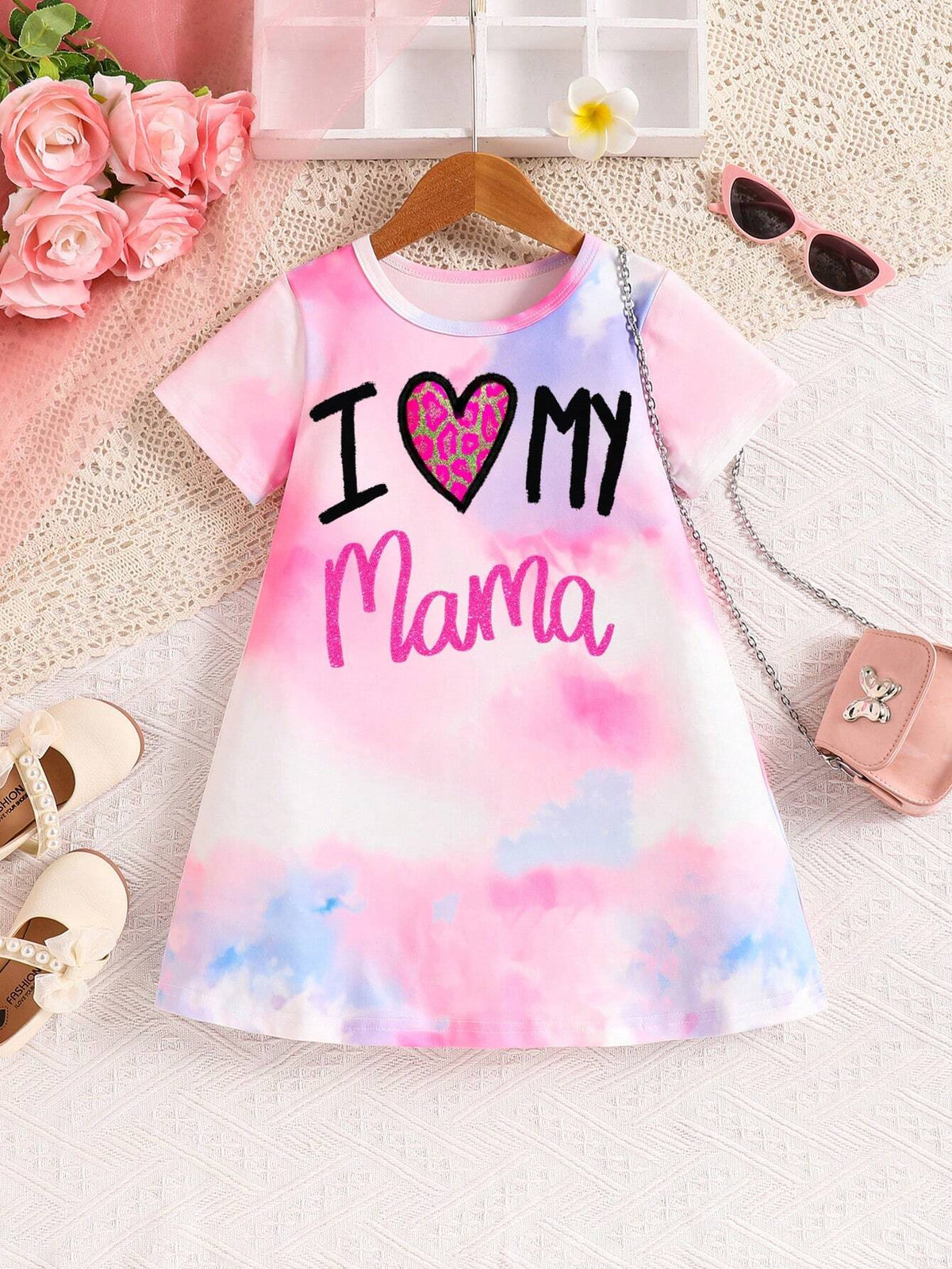 1pc Young Girls Outdoor Casual Cute Pink "I Love Mom" Letter Print Tie-Dye Short Sleeve Dress, Spring/Summer Valentine's Day