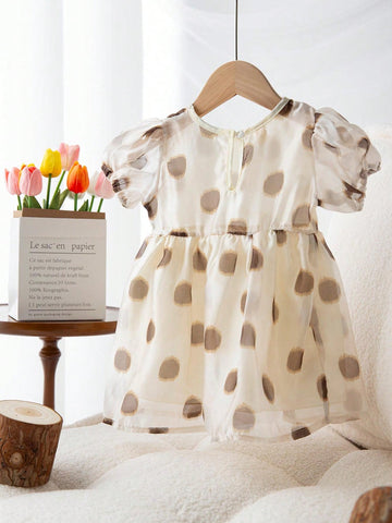 1pc Young Girls' Polka Dot Puffy Dress With Princess Style And Sweet & Light Design For Summer