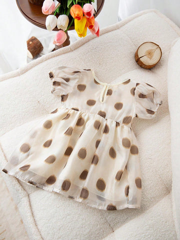 1pc Young Girls' Polka Dot Puffy Dress With Princess Style And Sweet & Light Design For Summer
