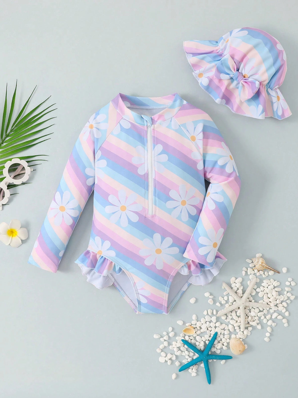1pc Young Girls Random Striped & Floral Print One-Piece Swimsuit