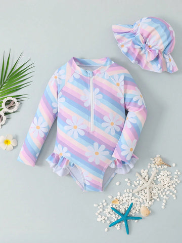 1pc Young Girls Random Striped & Floral Print One-Piece Swimsuit
