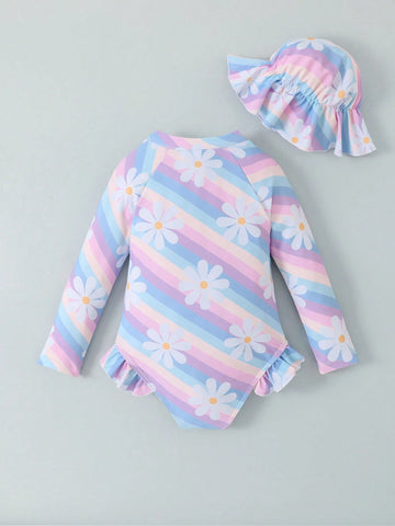 1pc Young Girls Random Striped & Floral Print One-Piece Swimsuit