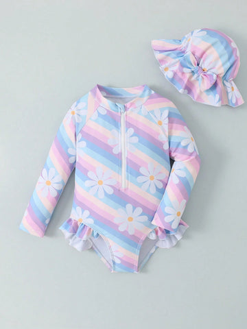1pc Young Girls Random Striped & Floral Print One-Piece Swimsuit