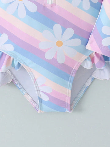 1pc Young Girls Random Striped & Floral Print One-Piece Swimsuit