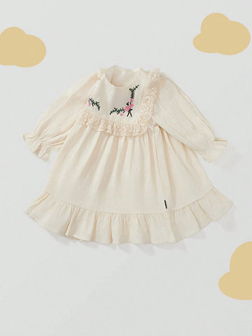 1pc Young Girl's Romantic Floral Embroidery Lace Edged Long Sleeve Princess Dress For Fall