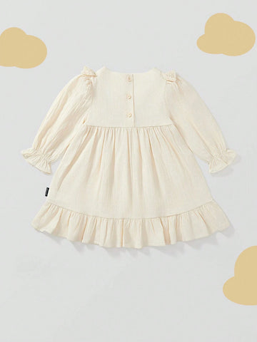 1pc Young Girl's Romantic Floral Embroidery Lace Edged Long Sleeve Princess Dress For Fall