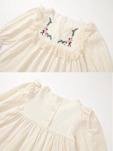 1pc Young Girl's Romantic Floral Embroidery Lace Edged Long Sleeve Princess Dress For Fall