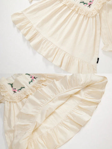 1pc Young Girl's Romantic Floral Embroidery Lace Edged Long Sleeve Princess Dress For Fall