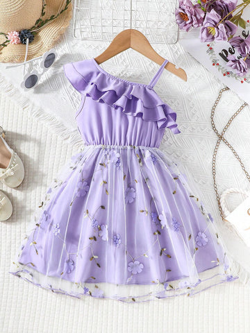 1pc Young Girls Solid Color Ruffle Trim Embroidered Mesh Strap Sundress, Summer