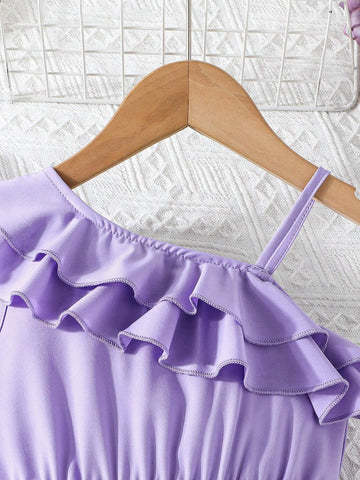 1pc Young Girls Solid Color Ruffle Trim Embroidered Mesh Strap Sundress, Summer