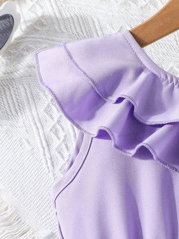 1pc Young Girls Solid Color Ruffle Trim Embroidered Mesh Strap Sundress, Summer