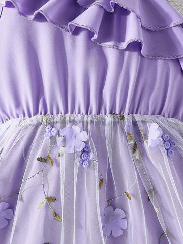 1pc Young Girls Solid Color Ruffle Trim Embroidered Mesh Strap Sundress, Summer