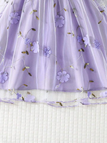 1pc Young Girls Solid Color Ruffle Trim Embroidered Mesh Strap Sundress, Summer