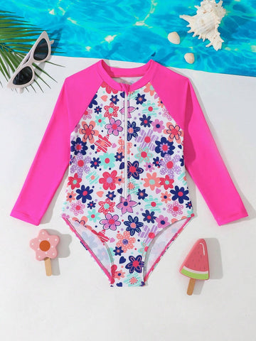 1pc Young Girls Solid Color Splice Front Zipper Long Sleeve Casual One-Piece Swimsuit