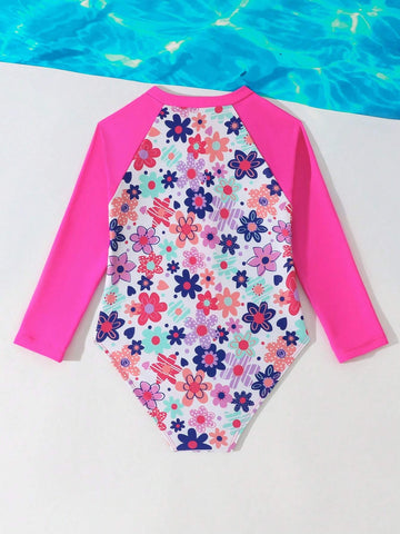 1pc Young Girls Solid Color Splice Front Zipper Long Sleeve Casual One-Piece Swimsuit