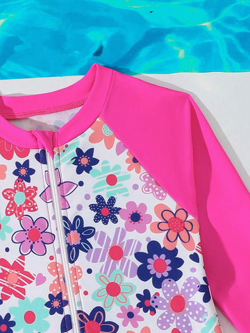 1pc Young Girls Solid Color Splice Front Zipper Long Sleeve Casual One-Piece Swimsuit