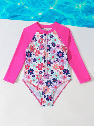 1pc Young Girls Solid Color Splice Front Zipper Long Sleeve Casual One-Piece Swimsuit