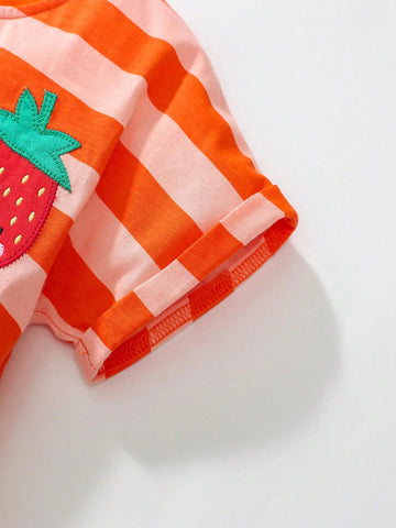 1pc Young Girls' Striped Strawberry Polka Dot Print Patchwork Cartoon Cute Patchwork Embroidered Short Sleeve Dress For Summer