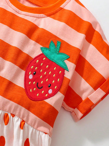 1pc Young Girls' Striped Strawberry Polka Dot Print Patchwork Cartoon Cute Patchwork Embroidered Short Sleeve Dress For Summer