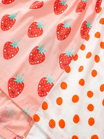 1pc Young Girls' Striped Strawberry Polka Dot Print Patchwork Cartoon Cute Patchwork Embroidered Short Sleeve Dress For Summer