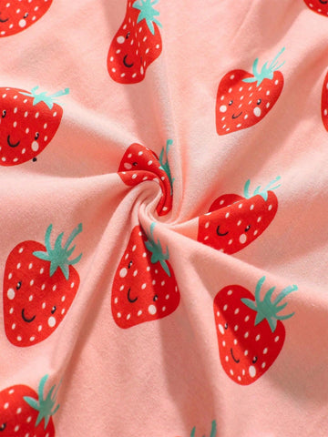 1pc Young Girls' Striped Strawberry Polka Dot Print Patchwork Cartoon Cute Patchwork Embroidered Short Sleeve Dress For Summer