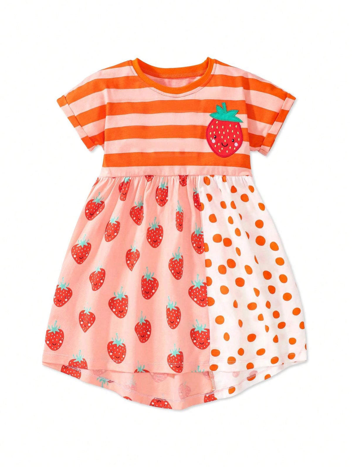 1pc Young Girls' Striped Strawberry Polka Dot Print Patchwork Cartoon Cute Patchwork Embroidered Short Sleeve Dress For Summer