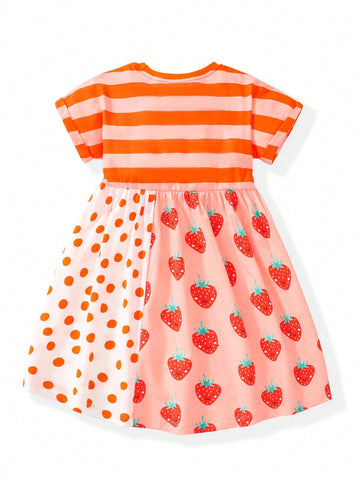 1pc Young Girls' Striped Strawberry Polka Dot Print Patchwork Cartoon Cute Patchwork Embroidered Short Sleeve Dress For Summer