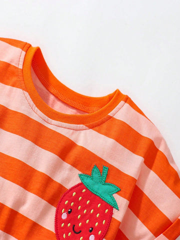 1pc Young Girls' Striped Strawberry Polka Dot Print Patchwork Cartoon Cute Patchwork Embroidered Short Sleeve Dress For Summer