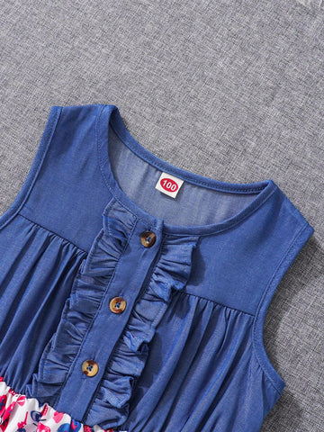 1pc Young Girls' Summer Denim-Like Patchwork Dress