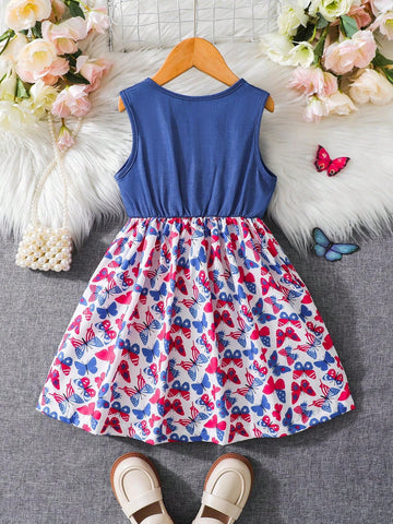 1pc Young Girls' Summer Denim-Like Patchwork Dress