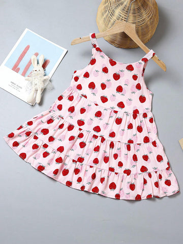 1pc Young Girls' Summer New Sweet Strawberry Printed Thin Strappy Dress