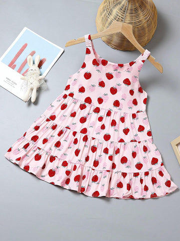 1pc Young Girls' Summer New Sweet Strawberry Printed Thin Strappy Dress