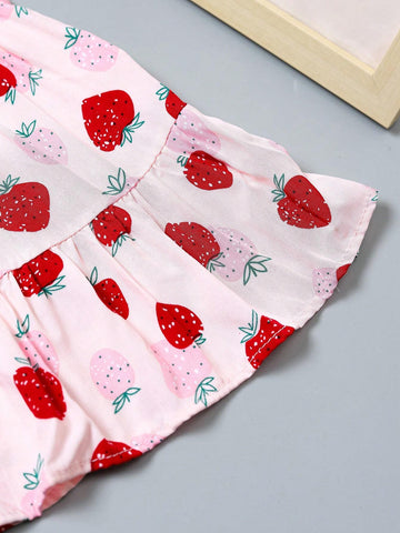 1pc Young Girls' Summer New Sweet Strawberry Printed Thin Strappy Dress