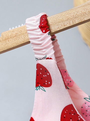 1pc Young Girls' Summer New Sweet Strawberry Printed Thin Strappy Dress