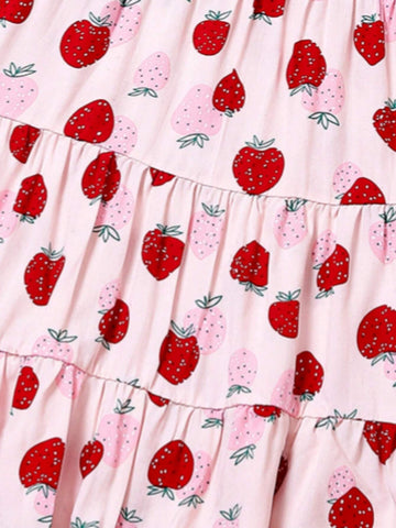 1pc Young Girls' Summer New Sweet Strawberry Printed Thin Strappy Dress