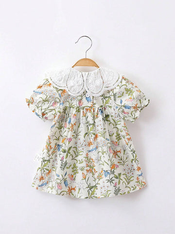 1pc Young Girls' Sweet Floral Pattern Doll Collar Short Sleeve Shirt For Summer