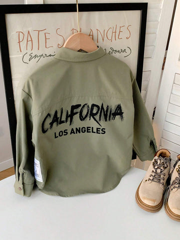 1pc Youth Boys Casual College Style Comfortable Fashion Simple Practical Versatile Back Letter Decor Loose Fit Turn-Down Collar Long Sleeve Shirt