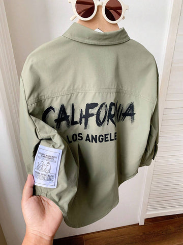 1pc Youth Boys Casual College Style Comfortable Fashion Simple Practical Versatile Back Letter Decor Loose Fit Turn-Down Collar Long Sleeve Shirt