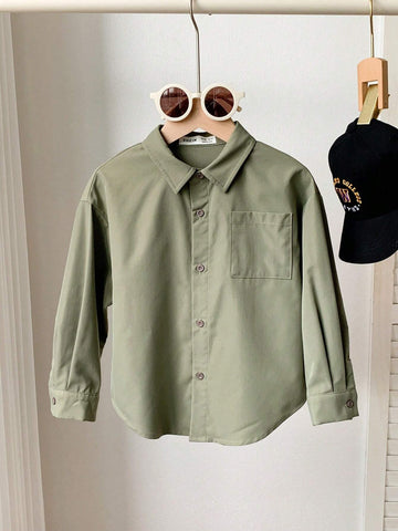 1pc Youth Boys Casual College Style Comfortable Fashion Simple Practical Versatile Back Letter Decor Loose Fit Turn-Down Collar Long Sleeve Shirt