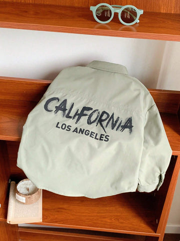 1pc Youth Boys Casual College Style Comfortable Fashion Simple Practical Versatile Back Letter Decor Loose Fit Turn-Down Collar Long Sleeve Shirt