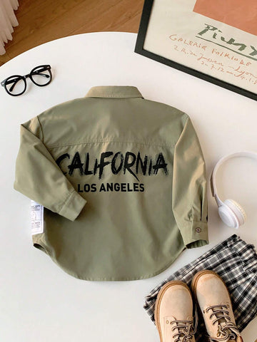 1pc Youth Boys Casual College Style Comfortable Fashion Simple Practical Versatile Back Letter Decor Loose Fit Turn-Down Collar Long Sleeve Shirt