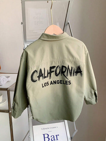 1pc Youth Boys Casual College Style Comfortable Fashion Simple Practical Versatile Back Letter Decor Loose Fit Turn-Down Collar Long Sleeve Shirt