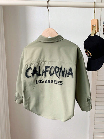 1pc Youth Boys Casual College Style Comfortable Fashion Simple Practical Versatile Back Letter Decor Loose Fit Turn-Down Collar Long Sleeve Shirt