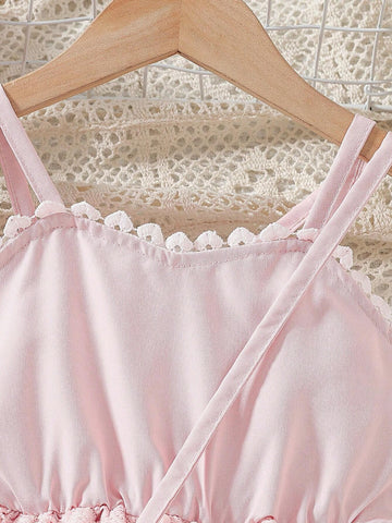 1set: Girls' Casual Heart-Shaped Lace Slip Dress + Matching Heart Shaped Bag