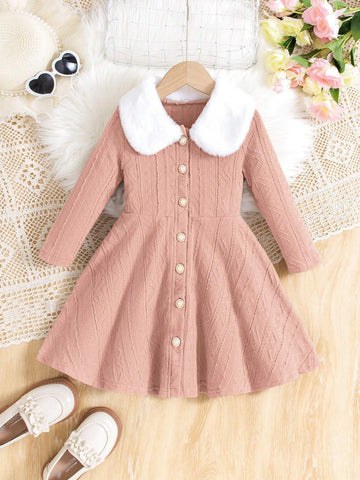 1set Girls Casual Maillard Color Jacquard Knit Long Sleeve Button Front A-Line Dress