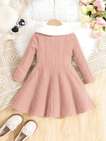 1set Girls Casual Maillard Color Jacquard Knit Long Sleeve Button Front A-Line Dress
