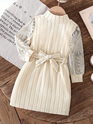 1set Little Girls Casual Solid Color Lace Mesh Sleeve Patchwork Dress With Matching Belt